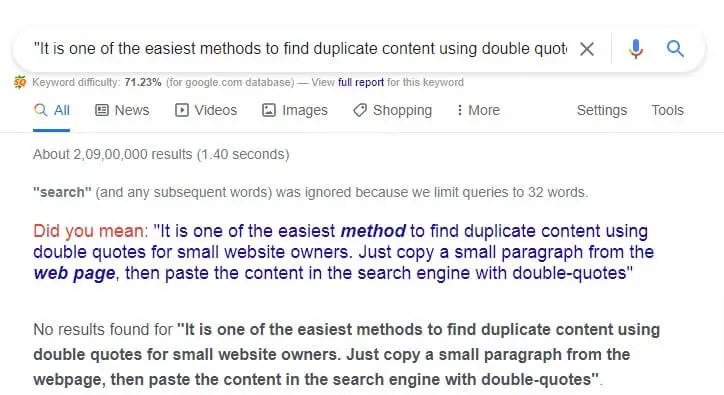 identifying duplicate content using double quotes