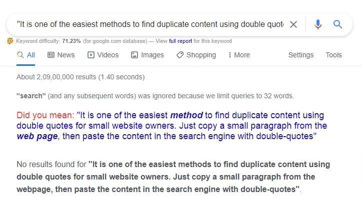 identifying duplicate content using double quotes